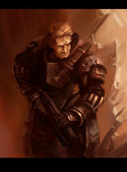 Rule 34 | 1boy, armor, asterisk kome, blonde hair, gradient background, gun, male focus, original, power armor, scar, solo, weapon