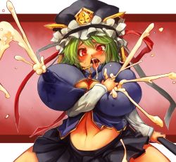 Rule 34 | 1girl, blush, breasts, covered erect nipples, curvy, female focus, green hair, hat, huge breasts, lactation, lactation through clothes, navel, nipples, open mouth, red eyes, sachito, shiki eiki, short hair, solo, tongue, tongue out, touhou