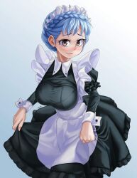 Rule 34 | 1girl, blue hair, blush, breasts, dress, fire emblem, fire emblem: three houses, highres, large breasts, lazgm, looking at viewer, maid, maid headdress, marianne von edmund, nintendo, smile, solo, yellow eyes