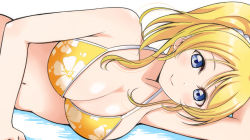Rule 34 | 1girl, ayase eli, bikini, bikini top only, blonde hair, blue eyes, breasts, cleavage, closed mouth, collarbone, floral print, flower, hair ornament, hair scrunchie, halterneck, hibiscus print, high ponytail, long hair, looking at viewer, love live!, love live! school idol festival, love live! school idol project, lying, medium breasts, on side, print bikini, scrunchie, shiny skin, smile, solo, swimsuit, upper body, wewe, white background, white scrunchie, yellow flower