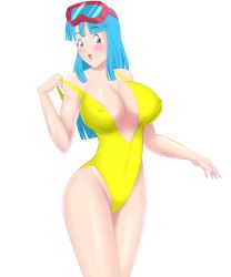 Rule 34 | 1girl, :d, areola slip, arm at side, artist name, blue eyes, blue hair, blunt bangs, blunt ends, blush, breasts, casual one-piece swimsuit, center opening, collarbone, commentary, covered erect nipples, covered navel, cowboy shot, diving mask, diving mask on head, dragon ball, dragonball z, english commentary, goggles, goggles on head, groin, hand up, highleg, highleg swimsuit, highres, large breasts, legs together, looking at viewer, mangakay, mangakay84, maron (dragon ball), one-piece swimsuit, open mouth, parted bangs, pulling own clothes, self-upload, shiny skin, sidelocks, simple background, smile, solo, standing, straight hair, strap pull, swimsuit, thighs, undressing, white background, wide hips, yellow one-piece swimsuit