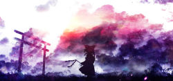 Rule 34 | 1girl, akyuun, bow, cloud, cloudy sky, commentary, english commentary, field, gohei, hair bow, hakurei reimu, highres, holding, holding gohei, landscape, light particles, scenery, shide, silhouette, skirt, sky, solo, sunlight, torii, touhou, wide shot