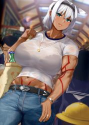 Rule 34 | 1girl, :d, animal print, bag, belt, black belt, black bra, black hairband, blue eyes, blue pants, blush, bottle, bra, bra visible through clothes, bracelet, breasts, caenis (fate), ceiling, commentary request, commission, cowboy shot, crowd, dark-skinned female, dark skin, denim, dog print, dot nose, faceless, faceless male, fate/grand order, fate (series), female focus, finger in pocket, gat (korean traditional hat), glasses, groin, hair between eyes, hairband, head tilt, highres, huge breasts, indoors, jeans, jewelry, kusaka souji, looking at viewer, midriff, muscular, muscular female, navel, necklace, open mouth, pants, pendant, pixiv commission, ring, school uniform, see-through, shiny clothes, shiny skin, shirt, short hair, short sleeves, sidelocks, smile, solo focus, standing, tall female, tattoo, taut clothes, taut shirt, thumb in pocket, underwear, white hair