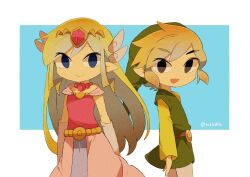 Rule 34 | 1boy, 1girl, artist name, back, belt, blonde hair, blue eyes, blush, dress, floating hair, gloves, jewelry, link, long hair, looking at viewer, multicolored hair, necklace, nintendo, pink dress, pointy ears, princess zelda, the legend of zelda, the legend of zelda: spirit tracks, the legend of zelda: the wind waker, tiara, tokuura, toon link, toon zelda