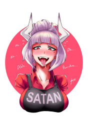 Rule 34 | 1girl, absurdres, apron, black apron, blunt bangs, blush, breasts, cropped torso, demon girl, demon horns, english text, fangs, hair bun, heart, heart-shaped pupils, helltaker, highres, horns, kodaruart, large breasts, looking at viewer, lucifer (helltaker), mole, mole under eye, multicolored background, open mouth, red background, red eyes, red shirt, saliva, shirt, short hair, simple background, solo, symbol-shaped pupils, tongue, tongue out, white background, white hair