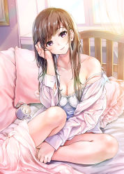 Rule 34 | 1girl, alarm clock, bare legs, bare shoulders, blanket, blush, breasts, brown hair, camisole, cleavage, clock, collarbone, commentary request, curtains, day, head tilt, indoors, jacket, long hair, long sleeves, looking at viewer, medium breasts, off shoulder, on bed, open clothes, open jacket, original, pillow, pink jacket, purple eyes, shirt, sidelocks, sitting, smile, solo, strap slip, sunlight, thighs, tokeshi, white shirt, window