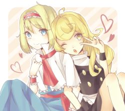 Rule 34 | 2girls, ahoge, alice margatroid, apron, artist request, ascot, bad id, bad pixiv id, blonde hair, blue eyes, capelet, couple, hair between eyes, hairband, heart, kirisame marisa, locked arms, long hair, multiple girls, no headwear, one eye closed, open mouth, red ascot, short hair, smile, striped, striped background, touhou, v, waist apron, wrist cuffs, yellow eyes, yuri