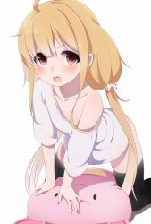 Rule 34 | 10s, 1girl, :3, ahoge, bent over, black thighhighs, blonde hair, blush, bow, brown eyes, collarbone, commentary request, flat chest, futaba anzu, hair bow, hand rest, idolmaster, idolmaster cinderella girls, kneeling, long hair, looking at viewer, low twintails, no pants, off shoulder, open mouth, oversized clothes, polka dot, polka dot bow, ratsuku kinoko, shadow, shirt, short sleeves, sidelocks, simple background, solo, spread legs, stuffed animal, stuffed rabbit, stuffed toy, t-shirt, teeth, thighhighs, twintails, very long hair, white background, white bow, white shirt