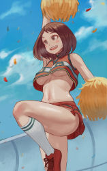Rule 34 | 1girl, bare shoulders, blush stickers, boku no hero academia, breasts, brown eyes, brown hair, cheerleader, confetti, covered erect nipples, crop top, female focus, from below, highres, large breasts, matching hair/eyes, midriff, navel, open mouth, outdoors, pleated skirt, pom pom (cheerleading), red footwear, red skirt, shiny skin, shoes, short hair, skirt, smile, sneakers, socks, solo, standing, standing on one leg, stomach, teeth, thighs, underboob, upper teeth only, uraraka ochako, white socks, zefrableu