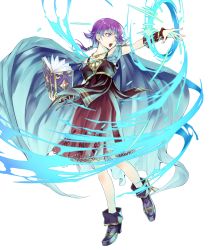 Rule 34 | 1girl, blue cape, book, cape, female focus, fire emblem, fire emblem heroes, full body, highres, holding, holding book, jewelry, long hair, lute (fire emblem), matching hair/eyes, necklace, nintendo, official art, open mouth, purple eyes, purple footwear, purple hair, solo, transparent background