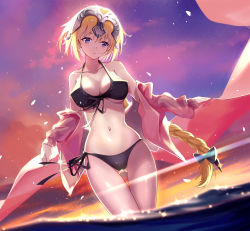 Rule 34 | 1girl, augu (523764197), bikini, blonde hair, blush, bow, braid, breasts, cloud, collarbone, dutch angle, fate/grand order, fate (series), front-tie bikini top, front-tie top, gluteal fold, hair between eyes, hair bow, has bad revision, has downscaled revision, highres, jeanne d&#039;arc (fate), jeanne d&#039;arc (ruler) (fate), jeanne d&#039;arc (swimsuit archer) (fate), jeanne d&#039;arc (white cruising) (fate), large breasts, long hair, long sleeves, looking at viewer, md5 mismatch, ocean, outdoors, parted lips, resolution mismatch, shawl, side-tie bikini bottom, sidelocks, single braid, sky, solo, source smaller, sparkle, sunset, swimsuit, wading, wind