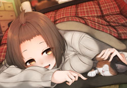 Rule 34 | 1girl, :d, animal, bangs pinned back, blurry, blush, breasts, brown hair, carpet, cat, commentary request, cup, depth of field, dutch angle, forehead, grey sweater, indoors, kotatsu, long sleeves, looking at viewer, lying, medium breasts, mug, on floor, on stomach, open mouth, original, pet, headpat, plaid, rerrere, room, shelf, short hair, smile, solo, table, topknot, under table, yellow eyes