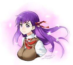 Rule 34 | 1girl, 2016, artist name, breasts, dated, fate/stay night, fate (series), hair ribbon, homurahara academy school uniform, large breasts, long hair, matou sakura, petals, purple eyes, purple hair, ribbon, school uniform, signature, sketch, smile, solo, tachibana roku, upper body