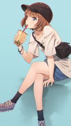 Rule 34 | 1girl, bag, bare legs, baseball cap, bead bracelet, beads, black hat, black socks, blue eyes, blue skirt, bracelet, brown hair, bubble tea, clothes writing, collarbone, crossed legs, cup, disposable cup, drinking straw, hat, highres, holding, holding cup, hyuuga azuri, jewelry, looking at viewer, miniskirt, original, shirt, shoes, short hair, short sleeves, shoulder bag, sitting, skirt, sneakers, socks, solo, white shirt