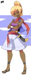 Rule 34 | 1girl, barefoot sandals (jewelry), bigdead, blonde hair, blue eyes, breasts, closed eyes, crossed arms, dark-skinned female, dark skin, full body, highres, neckerchief, nintendo, pointy ears, sandals, sheath, shorts, simple background, small breasts, smile, solo, sword, tetra, the legend of zelda, the legend of zelda: the wind waker, vest, weapon, white background