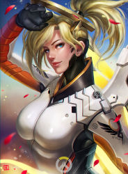 Rule 34 | 1girl, blonde hair, blue eyes, bodysuit, breasts, halo, high ponytail, highres, huge breasts, lips, long hair, mechanical halo, mechanical wings, mercy (overwatch), overwatch, overwatch 1, petals, rose petals, soffa, solo, wings
