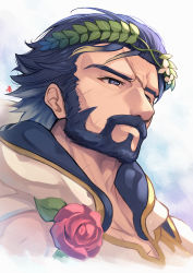 Rule 34 | 1boy, artist name, bare shoulders, beard, blonde hair, blue eyes, blue hair, collarbone, facial hair, fire emblem, fire emblem heroes, flower, gradient hair, gustav (fire emblem), half-closed eyes, highres, hood, laurel crown, male focus, matching hair/eyes, multicolored hair, mustache, nakabayashi zun, nintendo, red flower, red rose, rose, scar, scar on face, signature, simple background, sleeveless, solo, thick eyebrows, upper body, white background, white flower