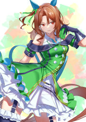 Rule 34 | 1girl, animal ears, black gloves, bow, brown hair, commentary, dress, ear covers, gloves, green bow, green dress, hair bow, highres, horse ears, horse girl, king halo (umamusume), long hair, looking to the side, murazo (0606), off-shoulder dress, off shoulder, red eyes, solo, umamusume