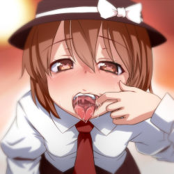 Rule 34 | 1girl, blouse, blurry, blush, brown hair, depth of field, face, female focus, finger in own mouth, hat, hat ribbon, heart, heart-shaped pupils, imminent fellatio, looking at viewer, looking up, mouth pull, necktie, oral invitation, pov, ribbon, saliva, sexually suggestive, shirt, solo, symbol-shaped pupils, teeth, tongue, tori (minamopa), touhou, usami renko, uvula, waiting, white shirt