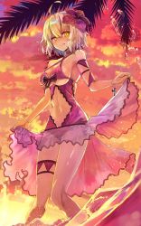 Rule 34 | 1girl, ahoge, ankh, bikini, blonde hair, blush, bow, breasts, cleavage, cloud, evening, fate/grand order, fate (series), flower, hair flower, hair ornament, halterneck, highres, hopepe, jeanne d&#039;arc (fate), jeanne d&#039;arc alter (avenger) (fate), jeanne d&#039;arc alter (fate), legs together, looking at viewer, medium breasts, navel, orange sky, palm tree, purple bikini, see-through, short hair, skindentation, sky, solo, splashing, standing, sunset, swimsuit, thigh strap, tree, underboob, wading, water, wrist straps, yellow eyes