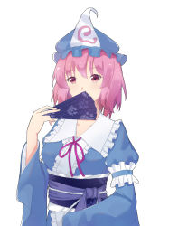 Rule 34 | 1girl, arm garter, blue dress, blue hat, blue sash, breasts, center frills, collarbone, covered mouth, daocaoren di xiaxiang, dress, folding fan, frilled shirt collar, frills, hand fan, hand up, hat, highres, holding, holding fan, juliet sleeves, long sleeves, looking at viewer, medium breasts, mob cap, obi, pink eyes, pink hair, puffy sleeves, purple neckwear, purple ribbon, ribbon, saigyouji yuyuko, sash, short hair, simple background, solo, touhou, triangular headpiece, upper body, white background, wide sleeves