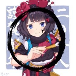 Rule 34 | 1girl, black hair, blue eyes, body writing, calligraphy brush, drawing on another&#039;s face, drawing on own face, fate/grand order, fate (series), flower, hair flower, hair ornament, hairpin, hanetsuki, ink, japanese clothes, katsushika hokusai (fate), kimono, looking at viewer, nengajou, new year, obi, paint splatter, paint splatter on face, paintbrush, sagace, sash, short hair, solo