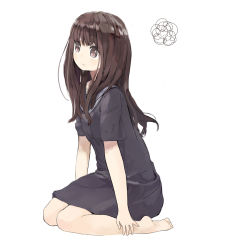 Rule 34 | 1girl, angry, brown eyes, brown hair, from side, long hair, md5 mismatch, nasuna, original, school uniform, seiza, simple background, sitting, skirt, solo, white background