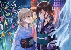Rule 34 | 2girls, bamboo, black hair, blue eyes, blue kimono, blue nails, camellia, commentary request, earrings, eye contact, floral print, flower, flower knot, hair flower, hair ornament, holding hands, highres, japanese clothes, jewelry, kimono, light brown hair, looking at another, mole, mole under mouth, multiple girls, nail polish, nekozuki yuki, night, obi, original, outdoors, paper chain, ponytail, red flower, sash, sidelocks, signature, smile, streamers, tanabata, tanzaku, yellow eyes, yukata, yuri