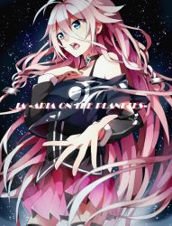 Rule 34 | 1girl, bare shoulders, blue eyes, braid, choker, english text, engrish text, ia (vocaloid), long hair, nobuyo ninomiya, open mouth, outstretched hand, pink hair, ranguage, single thighhigh, skirt, solo, star (sky), thigh strap, thighhighs, twin braids, very long hair, vocaloid