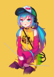 Rule 34 | 1girl, absurdres, bare shoulders, baseball cap, blue eyes, blue hair, blush, detached sleeves, hair between eyes, hat, hatsune miku, highres, holding, kilo (pixiv), long hair, long sleeves, low twintails, open mouth, simple background, solo, twintails, vocaloid, yellow background