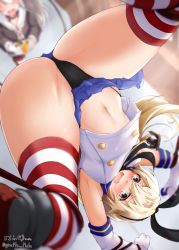 Rule 34 | 2girls, amatsukaze (kancolle), black panties, blonde hair, blurry, blurry background, blush, commentary request, dress, elbow gloves, from above, giraffe (ilconte), gloves, hairband, hanging, highleg, highleg panties, highres, indoors, kantai collection, long hair, miniskirt, multiple girls, navel, open mouth, panties, rope, sailor collar, sailor dress, school uniform, serafuku, shimakaze (kancolle), signature, silver hair, skirt, solo focus, striped clothes, striped legwear, striped thighhighs, thighhighs, thighs, twitter username, underwear, upside-down, white gloves