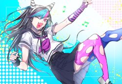 Rule 34 | 1girl, arm up, asymmetrical legwear, black hair, black nails, black skirt, blue hair, blue thighhighs, blush, breasts, commentary request, danganronpa (series), danganronpa 2: goodbye despair, ear piercing, fang, fingerless gloves, foot out of frame, from side, gloves, hair horns, hand up, heart, heart in mouth, highres, jewelry, lip piercing, long hair, looking at viewer, mioda ibuki, mismatched legwear, multicolored hair, musical note, nail polish, necklace, one eye closed, open mouth, piercing, pink eyes, pink hair, pleated skirt, sailor collar, school uniform, scrunchie, serafuku, shirt, shoes, short hair, short sleeves, single glove, skin fang, skirt, smile, solo, suzumetarou, thighhighs, torn clothes, torn gloves, torn thighhighs, white hair, wrist scrunchie