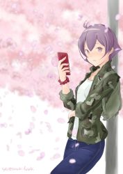 Rule 34 | 10s, 1girl, ahoge, alternate costume, backpack, bag, blue pants, blush, camouflage, camouflage jacket, casual, cellphone, cherry blossoms, dated, hazuki futahi, jacket, kantai collection, leaning on object, looking at viewer, outdoors, pants, phone, pole, purple eyes, purple hair, sakawa (kancolle), scrunchie, short hair, smartphone, solo, twitter username, wrist scrunchie