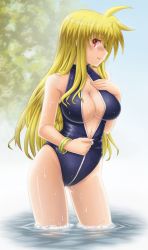 Rule 34 | 00s, 1girl, bare shoulders, blonde hair, blush, breasts, cleavage, cleavage cutout, clothing cutout, fate testarossa, female focus, front zipper swimsuit, hand on own chest, highres, large breasts, long hair, looking at viewer, lyrical nanoha, mahou shoujo lyrical nanoha strikers, meme attire, one-piece swimsuit, red eyes, smile, soaking feet, solo, standing, sunago, swimsuit, unzipping, wading, water, wet