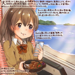 Rule 34 | 1girl, blouse, blue eyes, brown hair, brown sweater, cellphone, chopsticks, colored pencil (medium), commentary request, dated, food, holding, holding phone, kantai collection, kirisawa juuzou, kumano (kancolle), long hair, neck ribbon, numbered, phone, ponytail, red ribbon, remodel (kantai collection), ribbon, shirt, sitting, smartphone, smile, solo, sweater, traditional media, translation request, twitter username, white shirt