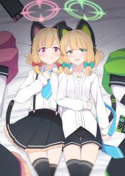 Rule 34 | 2girls, :d, :p, animal ear headphones, animal ears, bed, bed sheet, black thighhighs, blonde hair, blue archive, blue necktie, blunt bangs, bow, cat ear headphones, cat tail, collared shirt, commentary request, fake animal ears, fake tail, green eyes, hair bow, hair ribbon, halo, handheld game console, headphones, highres, hoshino ouka, jacket, unworn jacket, long sleeves, looking at viewer, lying, midori (blue archive), momoi (blue archive), multiple girls, necktie, on back, open mouth, pink eyes, pleated skirt, red eyes, ribbon, school uniform, shirt, short hair, shorts, siblings, sidelocks, simple background, sisters, skirt, smile, suspender skirt, suspenders, tail, thighhighs, tongue, tongue out, tress ribbon, twins, underwear, white shirt, zettai ryouiki