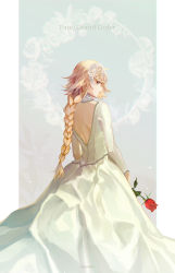 Rule 34 | 1girl, absurdres, back, backless dress, backless outfit, bad id, bad pixiv id, blonde hair, blue eyes, braid, braided ponytail, commentary, copyright name, detached collar, dress, fate/apocrypha, fate/grand order, fate (series), flower, headpiece, highres, holding, holding flower, jeanne d&#039;arc (fate), jeanne d&#039;arc (lostroom outfit) (fate), jeanne d&#039;arc (ruler) (fate), long dress, long hair, long sleeves, looking at viewer, looking back, lostroom outfit (fate), mixed-language commentary, official alternate costume, parted lips, ravell, red flower, red rose, rose, solo, twitter username, very long hair, white dress