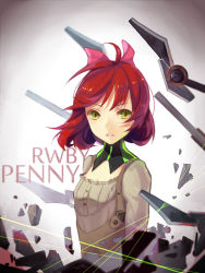 Rule 34 | 1girl, ahoge, bob cut, bow, character name, copyright name, detached collar, dress, english text, ginpenny, green eyes, hair bow, long sleeves, looking at viewer, multiple swords, parted lips, penny polendina, red hair, rwby, short hair, solo, wind