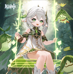 1girl :d aranara_(genshin_impact) bare_shoulders bloomers bracelet commentary copyright_name day detached_sleeves dress feet_out_of_frame genshin_impact gold_trim green_eyes green_hair green_sleeves hair_between_eyes hair_ornament iinagi_(kashiwa_keira) jewelry leaf_hair_ornament long_hair looking_at_viewer multicolored_hair nahida_(genshin_impact) nature open_mouth outdoors pointy_ears side_ponytail sitting sleeveless sleeveless_dress smile solo streaked_hair sunlight swing symbol-shaped_pupils tree underwear white_bloomers white_dress white_hair