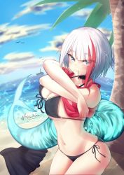 Rule 34 | 1girl, admiral graf spee (azur lane), azur lane, blue eyes, blush, breasts, unworn clothes, collar, hair in own mouth, highres, large breasts, looking at viewer, multicolored hair, navel, ntk nartaku, short hair, solo, swimsuit, tail, thighs, undressing, white hair