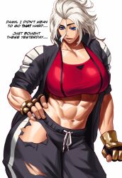 Rule 34 | 1girl, abs, absurdres, armored gloves, blue eyeliner, blue eyes, breasts, clenched hand, collarbone, commentary, double dragon, drawstring, english commentary, english text, eyeliner, fingerless gloves, fingernails, gloves, grey jacket, grey pants, hair between eyes, hand on own hip, highres, jacket, kunio-kun series, large breasts, long hair, looking down, marian kelly, messy, midriff, muscular, muscular female, open clothes, open jacket, open mouth, paid reward available, pants, red sports bra, river city girls, sleeves pushed up, solo, sotcho, sports bra, thick thighs, thighs, torn clothes, torn pants, track jacket, track pants, track suit, white hair