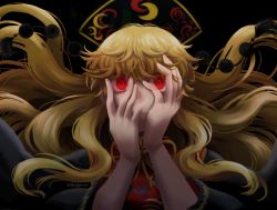Rule 34 | 1girl, black background, black dress, black hat, blonde hair, crazy eyes, crescent, dress, furyou, hands on own face, hat, junko (touhou), long hair, long sleeves, red eyes, ribbon, simple background, solo, tabard, touhou, twitter username, upper body, wavy hair, yellow ribbon