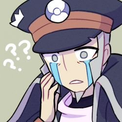 Rule 34 | 1boy, ?, ??, beige background, black coat, black hat, cinamoncune, coat, confused, constricted pupils, creatures (company), crying, facial hair, game freak, goatee, grey background, grey eyes, grey hair, hand on own face, hand up, hat, high collar, ingo (pokemon), male focus, matching hair/eyes, nintendo, parted lips, peaked cap, pokemon, pokemon legends: arceus, portrait, sad, shirt, short hair, sidelocks, simple background, solo, streaming tears, tears, teeth, torn clothes, torn hat, undershirt, upper body, watch, white shirt, wristwatch