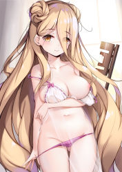 Rule 34 | 1girl, blonde hair, blush, bow, bow bra, bra, breasts, clothes pull, collarbone, cowboy shot, date a live, double hairbun, highres, hoshimiya mukuro, large breasts, long hair, looking at viewer, midriff, navel, nipples, panties, panty pull, pink bow, pink panties, pulled by self, purple panties, smile, solo, strap slip, touxing no diluka, underwear, underwear only, underwear pull, very long hair, white bra
