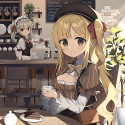 Rule 34 | 2girls, album cover, apron, bag, beret, blonde hair, bow, bowtie, breasts, brown eyes, cafe, cake, cake slice, chocolate cake, cleavage cutout, clothing cutout, coffee, cover, cup, food, hair ornament, hair ribbon, hat, holding, holding cup, holding tray, indoors, long hair, long sleeves, maid headdress, menu board, multiple girls, one side up, original, plant, potted plant, puffy sleeves, ribbon, short sleeves, shoulder bag, silver hair, sitting, striped, table, tray, twintails, vertical stripes, wagashi928, waist apron, wrist cuffs, x hair ornament