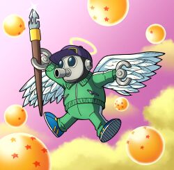 Rule 34 | 1boy, absurdres, angel wings, cloud, diegodoodles, dragon ball, dragon ball (object), feathered wings, gradient background, green jacket, green pants, green track suit, halo, hat, highres, holding, holding pen, jacket, mask, oversized object, pants, pen, purple background, robot, toriyama akira (character), white background, wings, yellow clouds