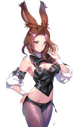 Rule 34 | 1girl, animal ears, black panties, black shirt, breasts, brown eyes, brown hair, commentary request, commission, cowboy shot, detached sleeves, final fantasy, final fantasy xiv, fishnet pantyhose, fishnets, forehead, hand on own hip, highres, large breasts, long hair, long sleeves, looking at viewer, matsuda (matsukichi), midriff, original, panties, pantyhose, pink lips, pixiv commission, rabbit ears, shirt, simple background, smile, solo, standing, strapless, strapless shirt, thighs, underwear, white background, wrist cuffs