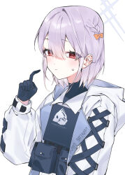 Rule 34 | 1girl, absurdres, atsuko (blue archive), black gloves, blue archive, blush, closed mouth, gang h, gloves, grey halo, halo, highres, index finger raised, jacket, long sleeves, looking at viewer, open clothes, open jacket, purple hair, red eyes, short hair, simple background, solo, upper body, white background, white jacket