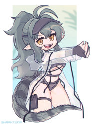 Rule 34 | 1girl, antenna hair, arknights, bikini, black bag, black bikini, blouse, breasts, chibi, cowboy shot, cracking knuckles, crocodilian tail, cropped legs, fangs, gavial (arknights), green hair, highres, hood, hood down, hooded shirt, long sleeves, looking at viewer, navel, official alternate costume, open mouth, pointy ears, pouch, see-through, see-through shirt, sharktuna, shirt, small breasts, solo, swimsuit, tail, thigh pouch, thigh strap, underboob, white shirt, yellow eyes
