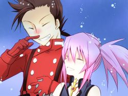 Rule 34 | 1boy, 1girl, bare shoulders, blush, brown hair, clenched teeth, dress, closed eyes, gloves, hetero, highres, holding hands, jewelry, lloyd irving, long hair, open mouth, pants, pink hair, presea combatir, short hair, tales of (series), tales of symphonia, teeth, twintails